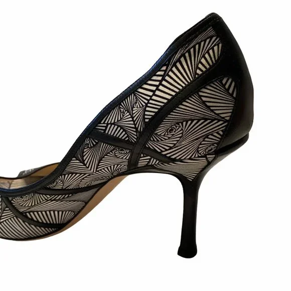 Jimmy Choo Hardy Silk Peep Toe Pumps Art Deco Print Nappa Leather 40.5 1…